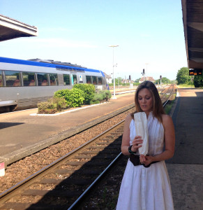 grabbing a bite while waiting for the correct train
