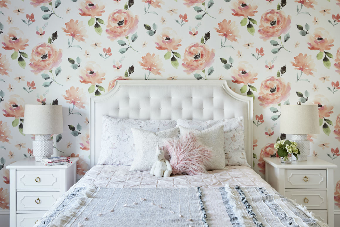 girls-room-floral-wallpaper-white-fabric-headboard